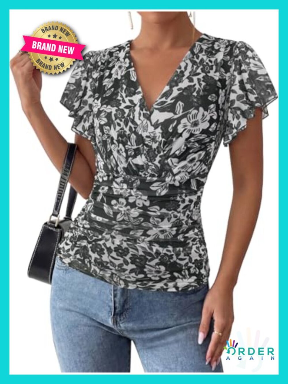 Womens Ruched Waist Mesh Blouse Boho Floral Ruffle Sleeve Top